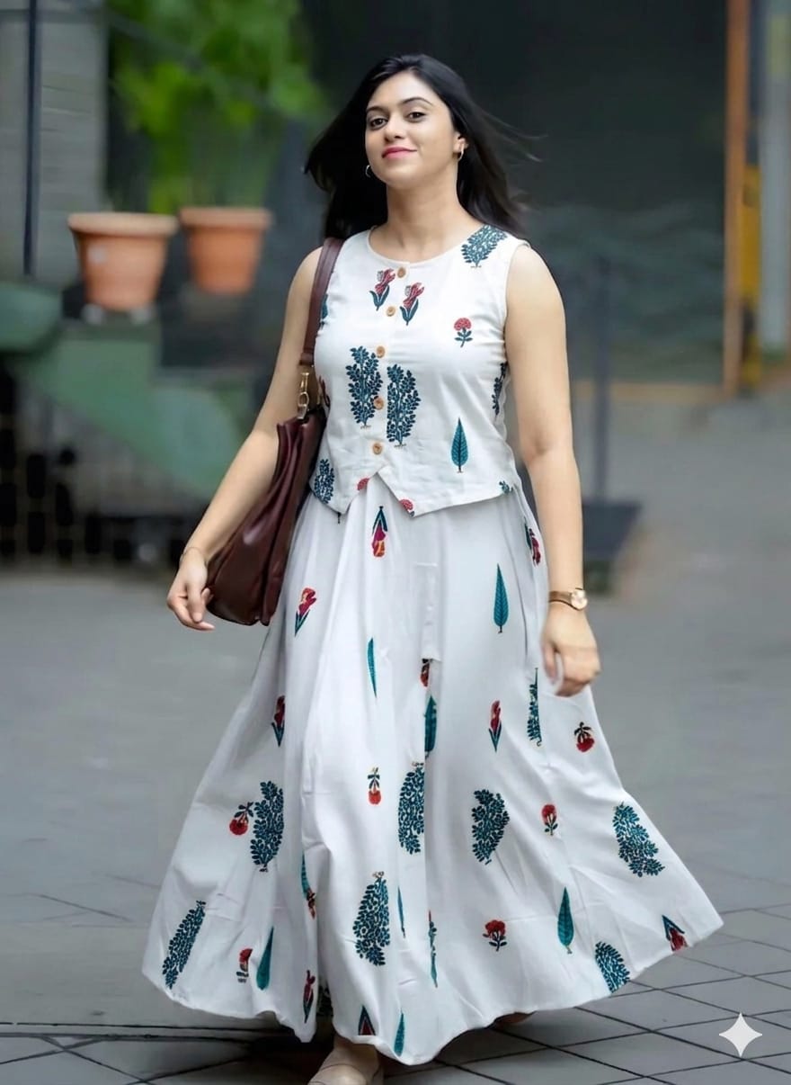 White Ethnic Fusion Co-Ord Dress