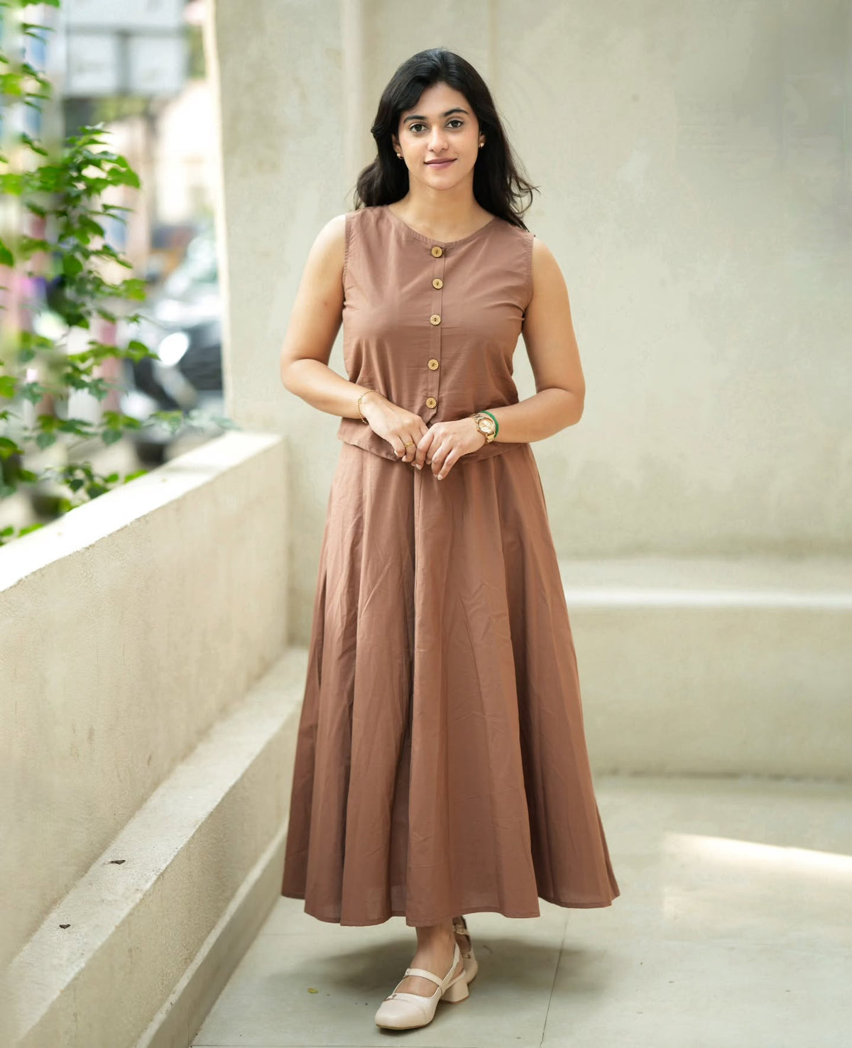Cocoa Brown Flared Sleeveless Co-Ord Set