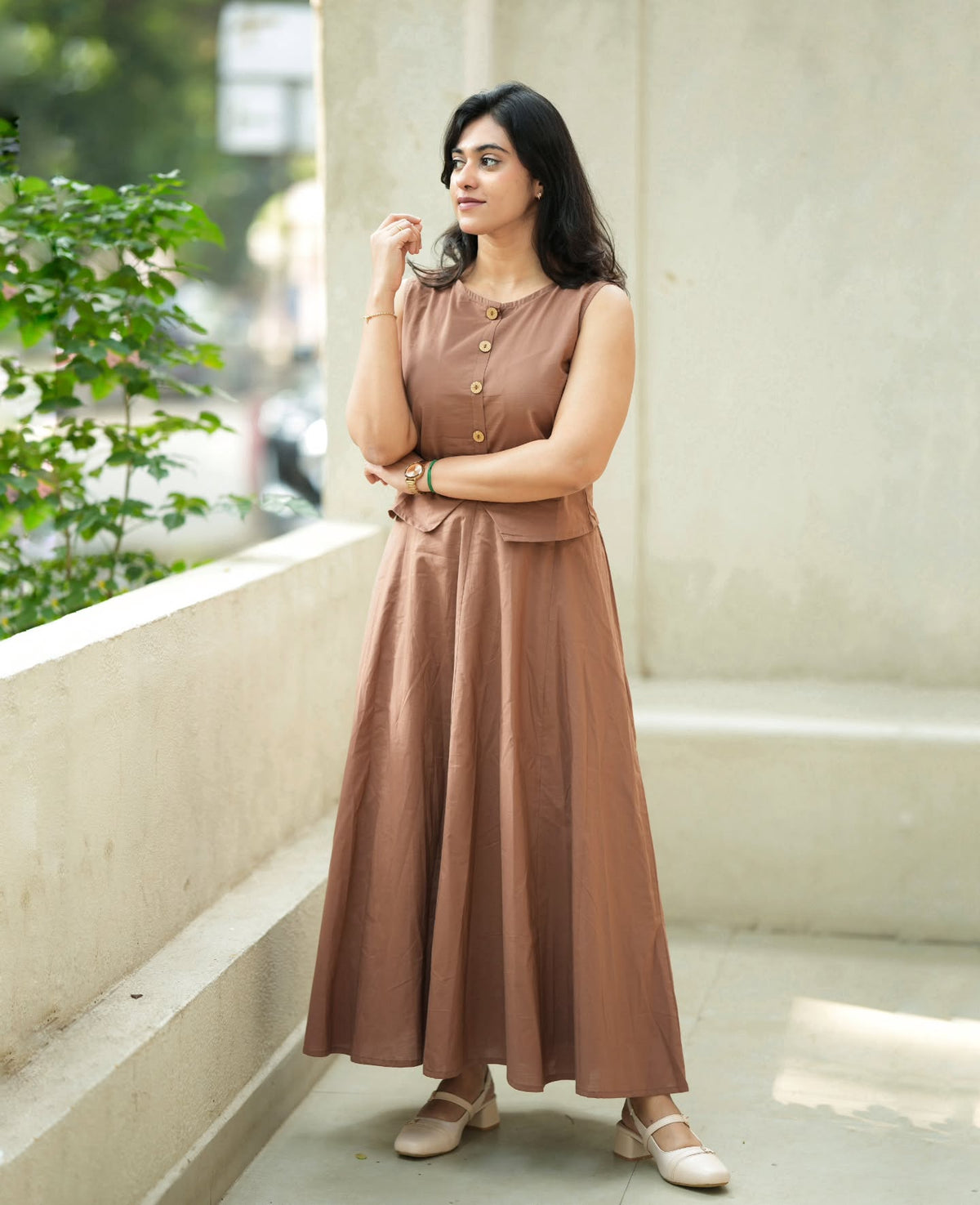Cocoa Brown Flared Sleeveless Co-Ord Set