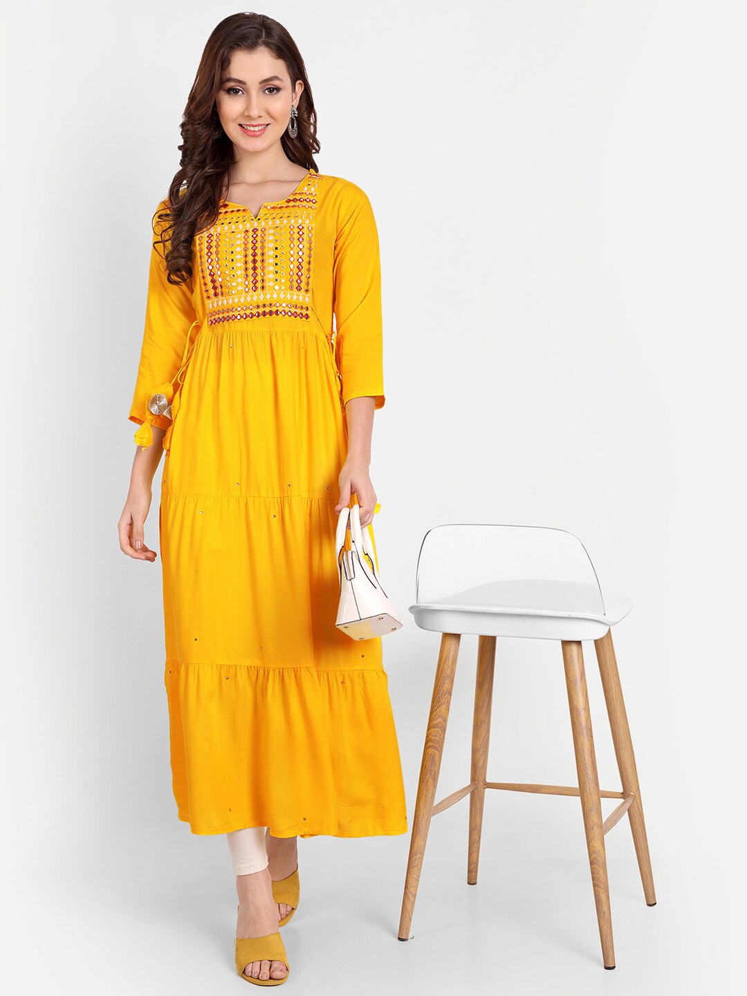 yellow Embellished Mirror Work Rayon A-line Kurta Gown