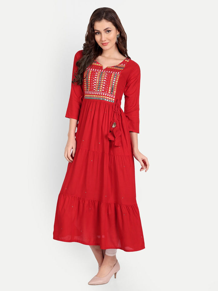 red Embellished Mirror Work Rayon Anarkali Kurta