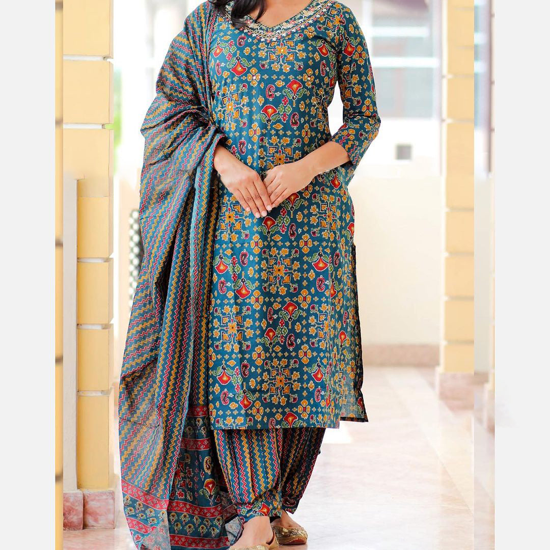 Beautiful Printed Cotton A-line kurta Suit set