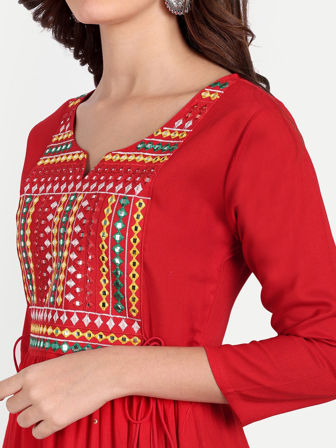 red Embellished Mirror Work Rayon Anarkali Kurta