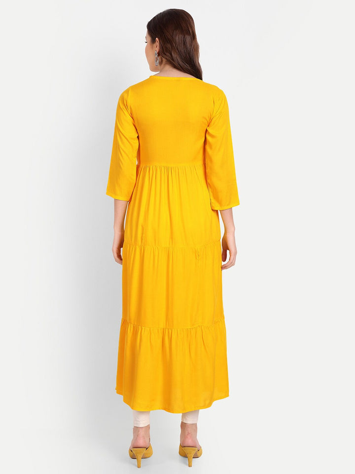 yellow Embellished Mirror Work Rayon A-line Kurta Gown