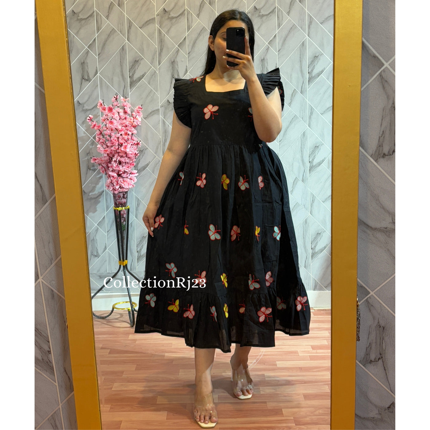 Women Black Butterfly Embroidery Middi Gown