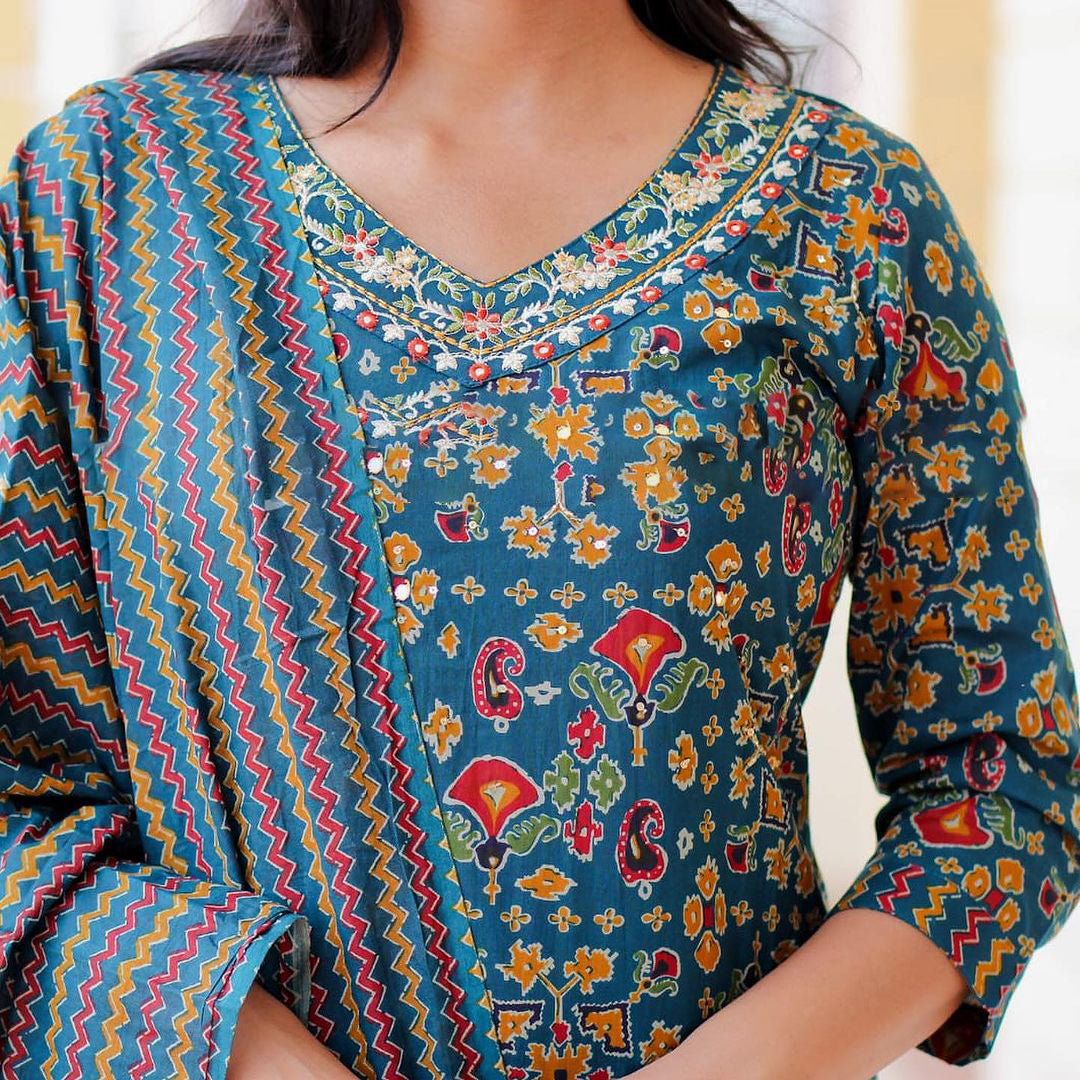 Beautiful Printed Cotton A-line kurta Suit set