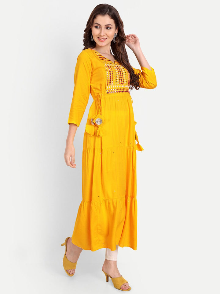 yellow Embellished Mirror Work Rayon A-line Kurta Gown