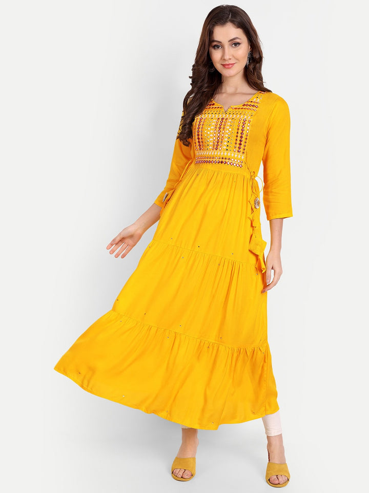 yellow Embellished Mirror Work Rayon A-line Kurta Gown