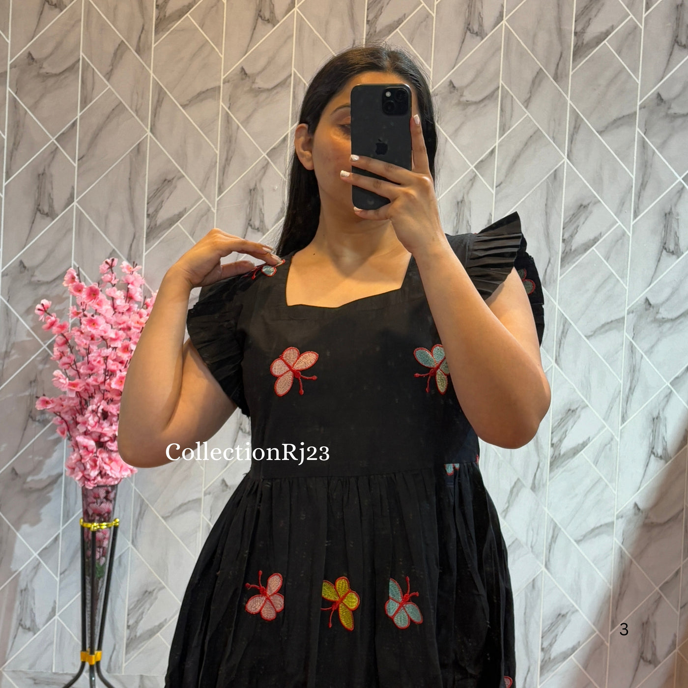 Women Black Butterfly Embroidery Middi Gown