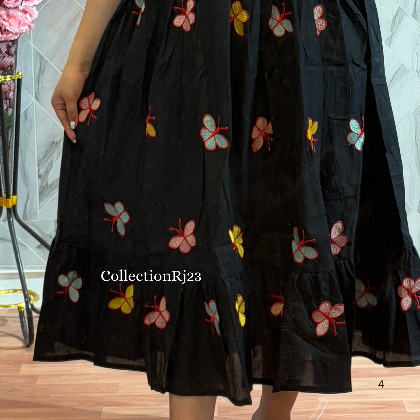 Women Black Butterfly Embroidery Middi Gown