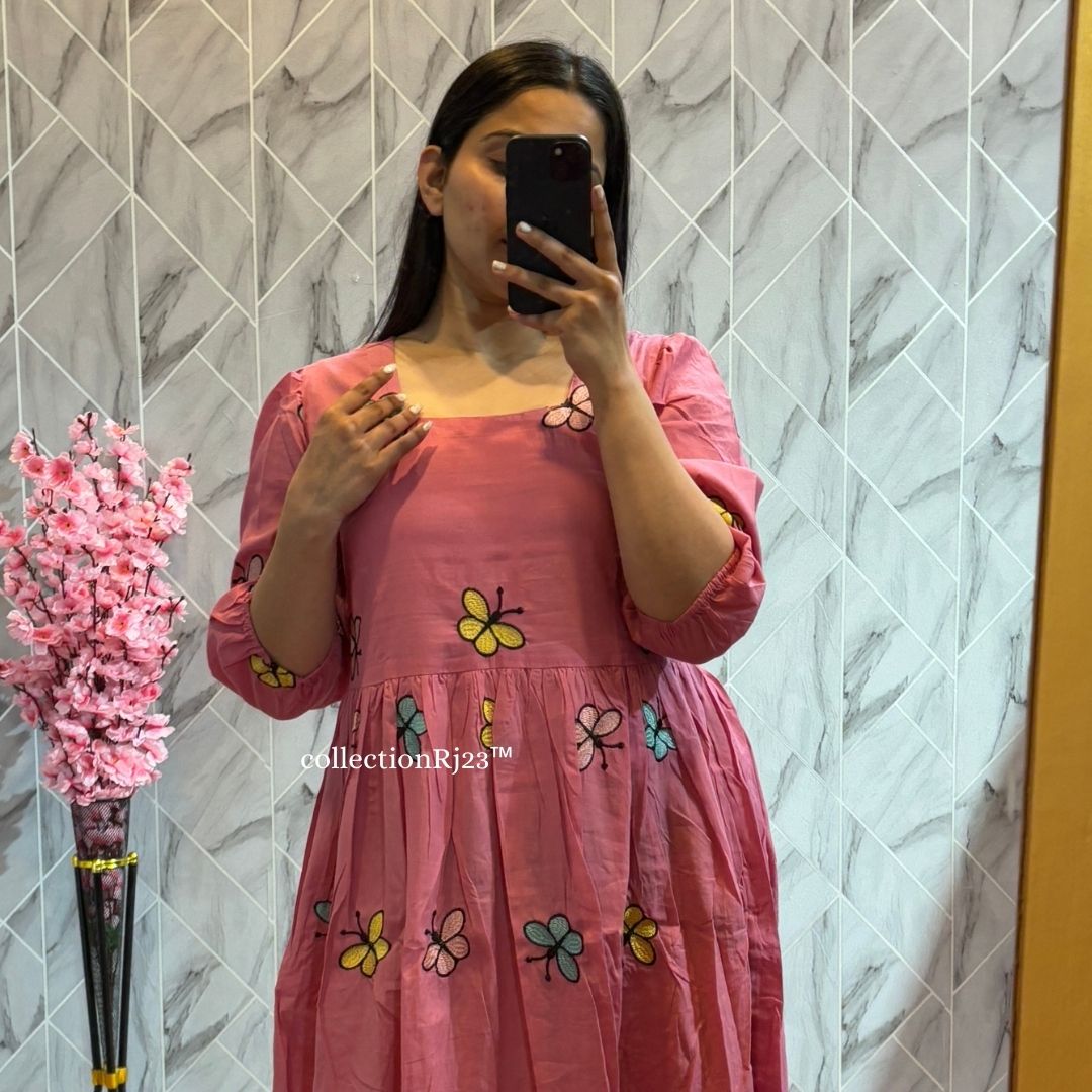 Look stylish pink embroidery dress