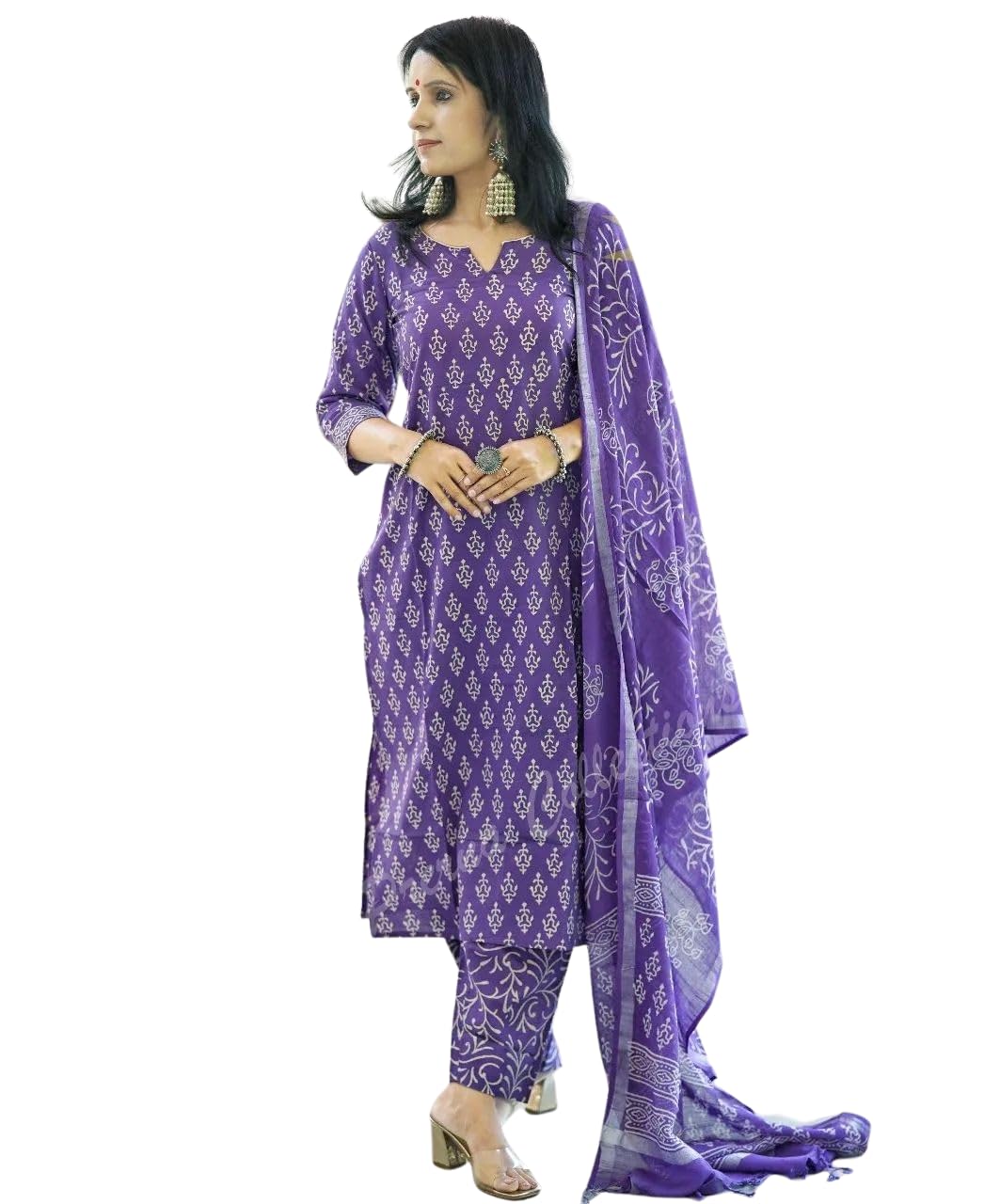 Women's Cotton Printed Straight Kurta With Palazzo & Dupatta Set