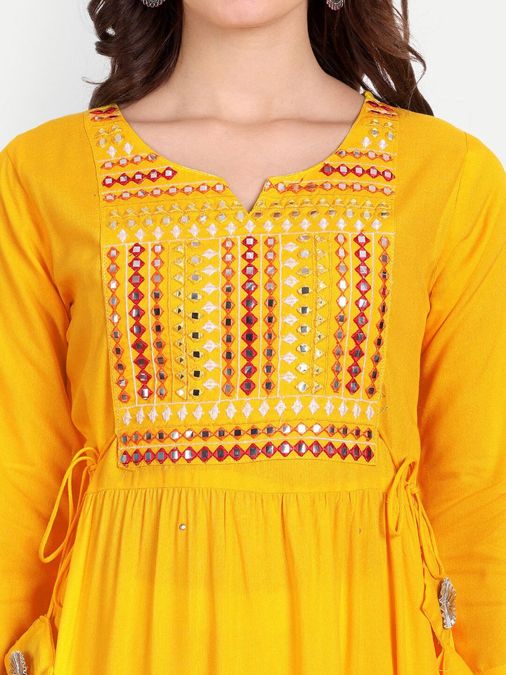 yellow Embellished Mirror Work Rayon A-line Kurta Gown