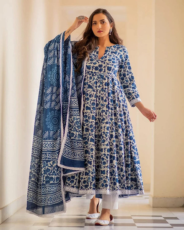 Neelam Indigo Print Cotton Dress Set