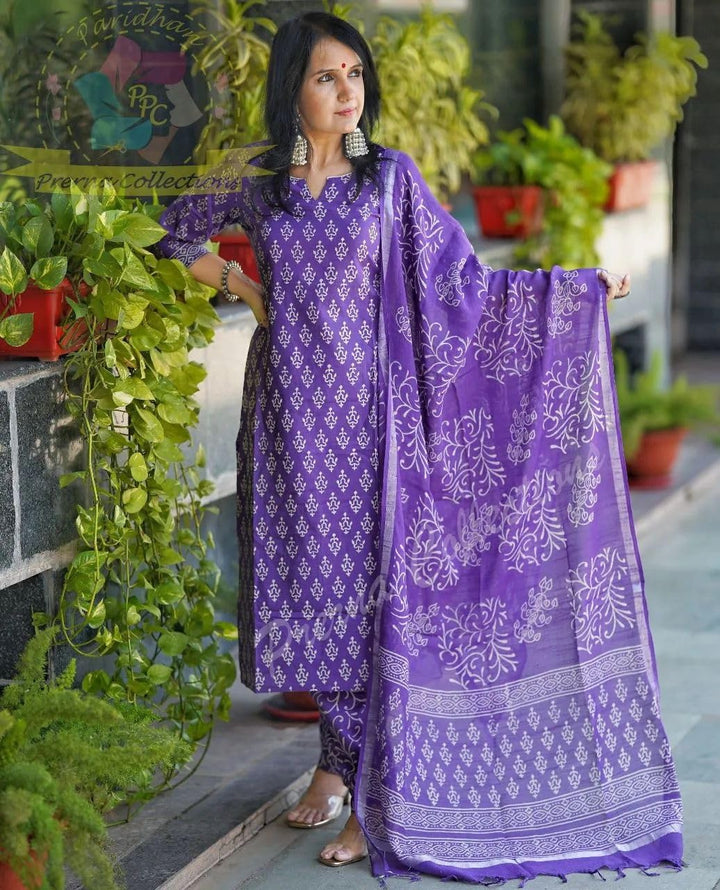 Women's Cotton Printed Straight Kurta With Palazzo & Dupatta Set