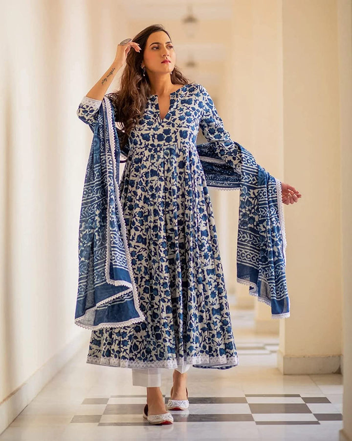 Neelam Indigo Print Cotton Dress Set