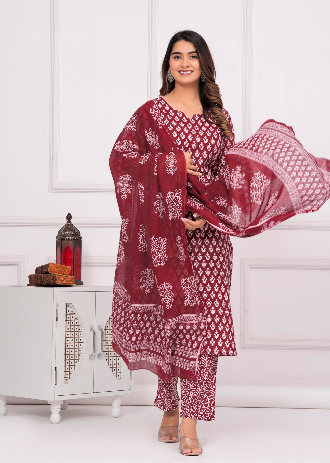 Women's Cotton Printed Straight Kurta With Palazzo & Dupatta Set