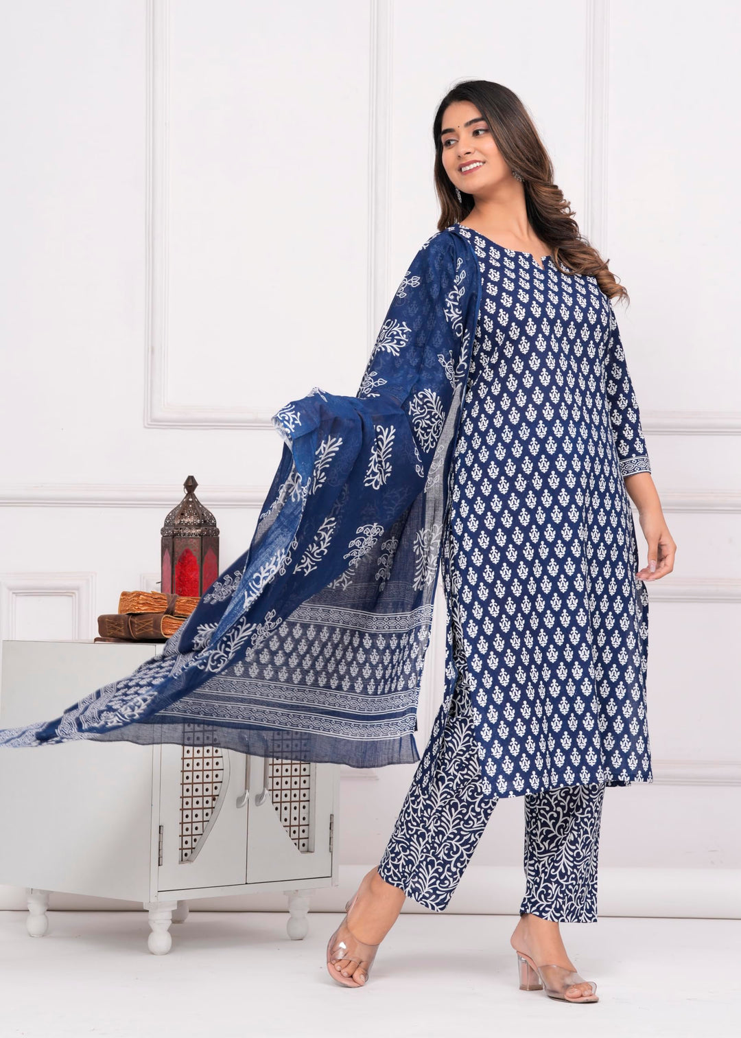 Women's Cotton Printed Straight Kurta With Palazzo & Dupatta Set