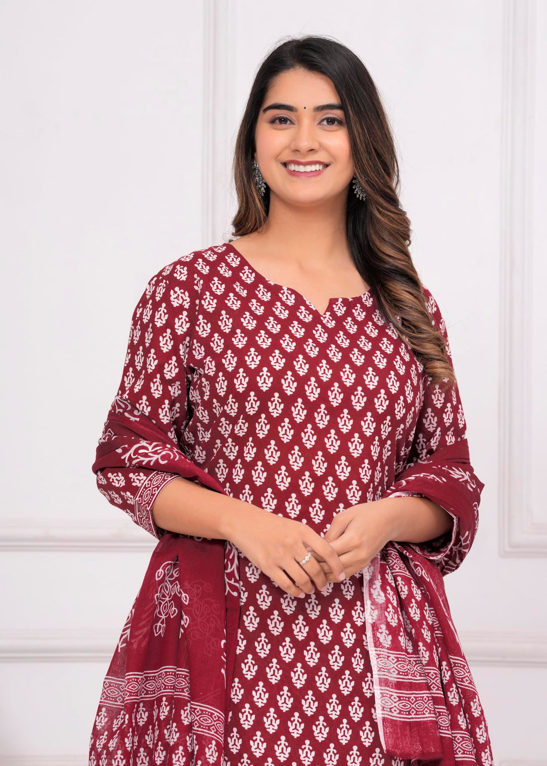 Women's Cotton Printed Straight Kurta With Palazzo & Dupatta Set