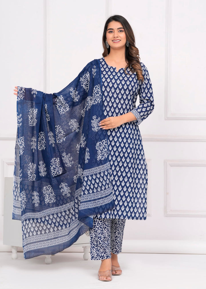 Women's Cotton Printed Straight Kurta With Palazzo & Dupatta Set