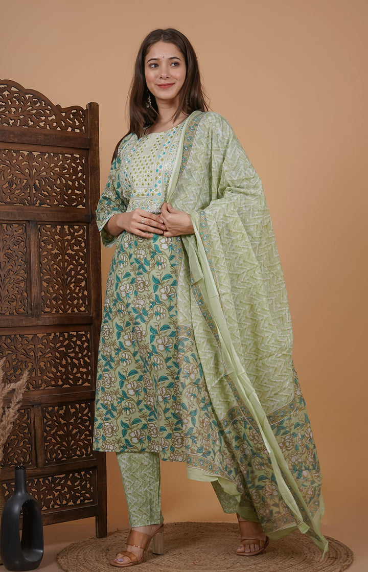 Women's Cotton Printed Printed Straight Embroidery Kurta With Palazzo & Dupatta Set