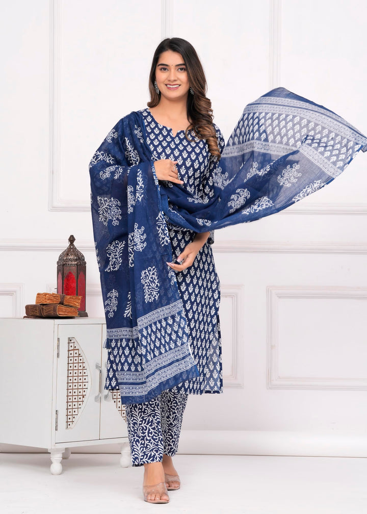 Women's Cotton Printed Straight Kurta With Palazzo & Dupatta Set