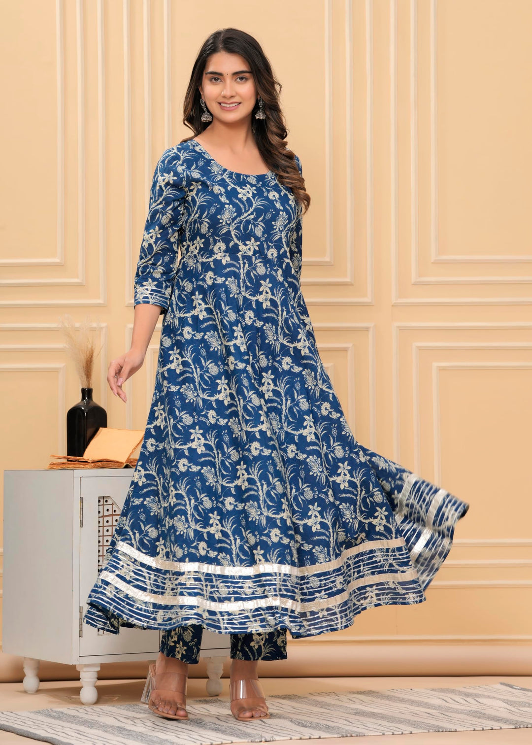 Mamta Cotton Printed Anarkali Kurta With Palazzo & Dupatta Set With Dori