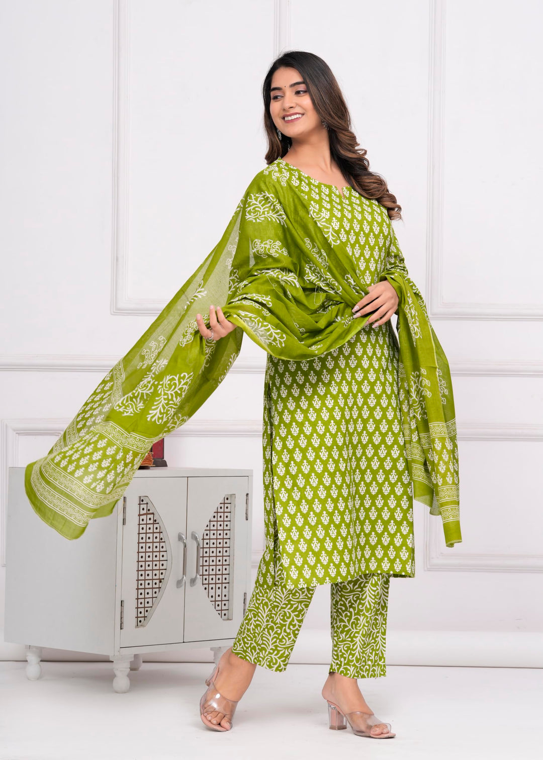 Women's Cotton Printed Straight Kurta With Palazzo & Dupatta Set