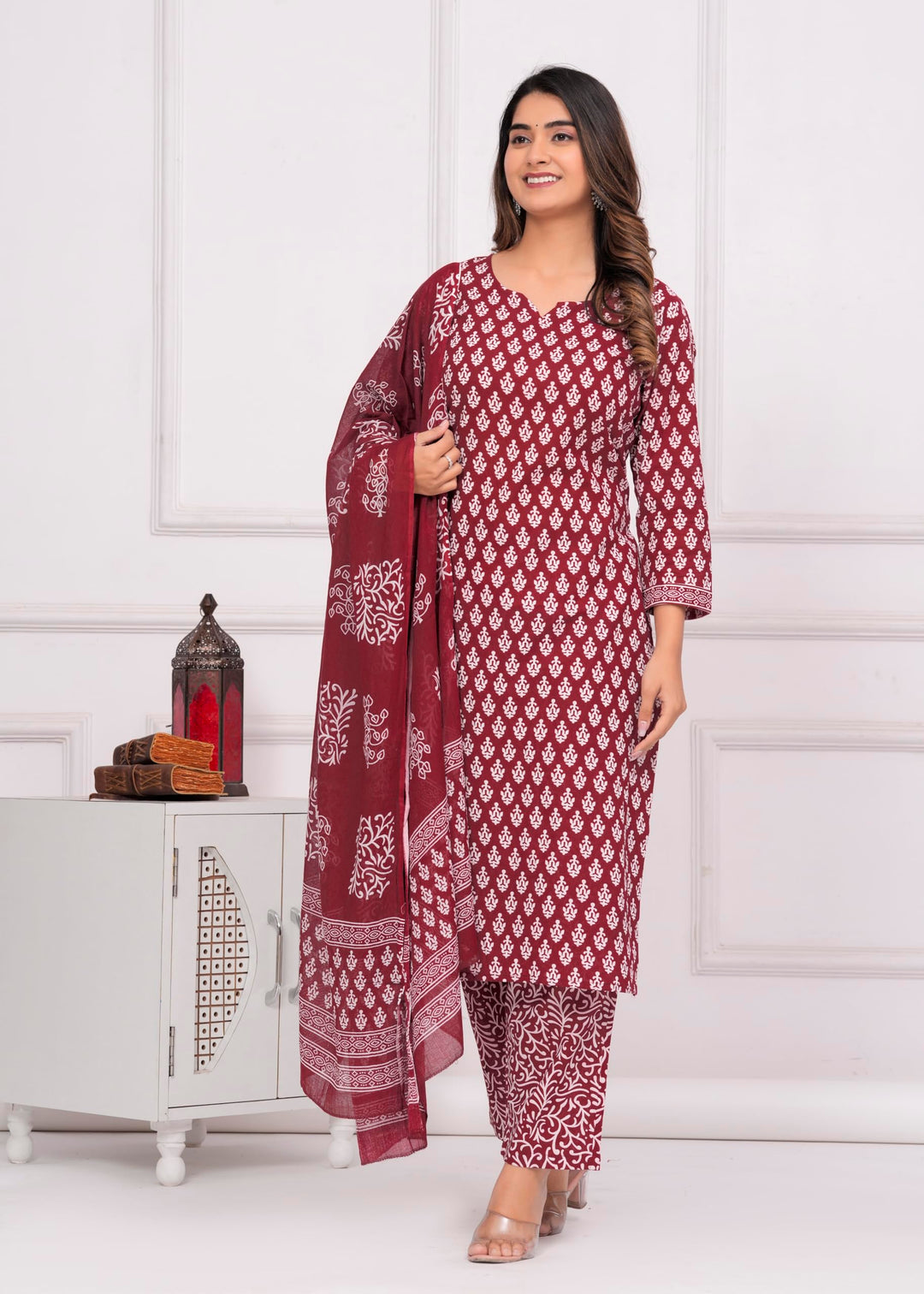 Women's Cotton Printed Straight Kurta With Palazzo & Dupatta Set