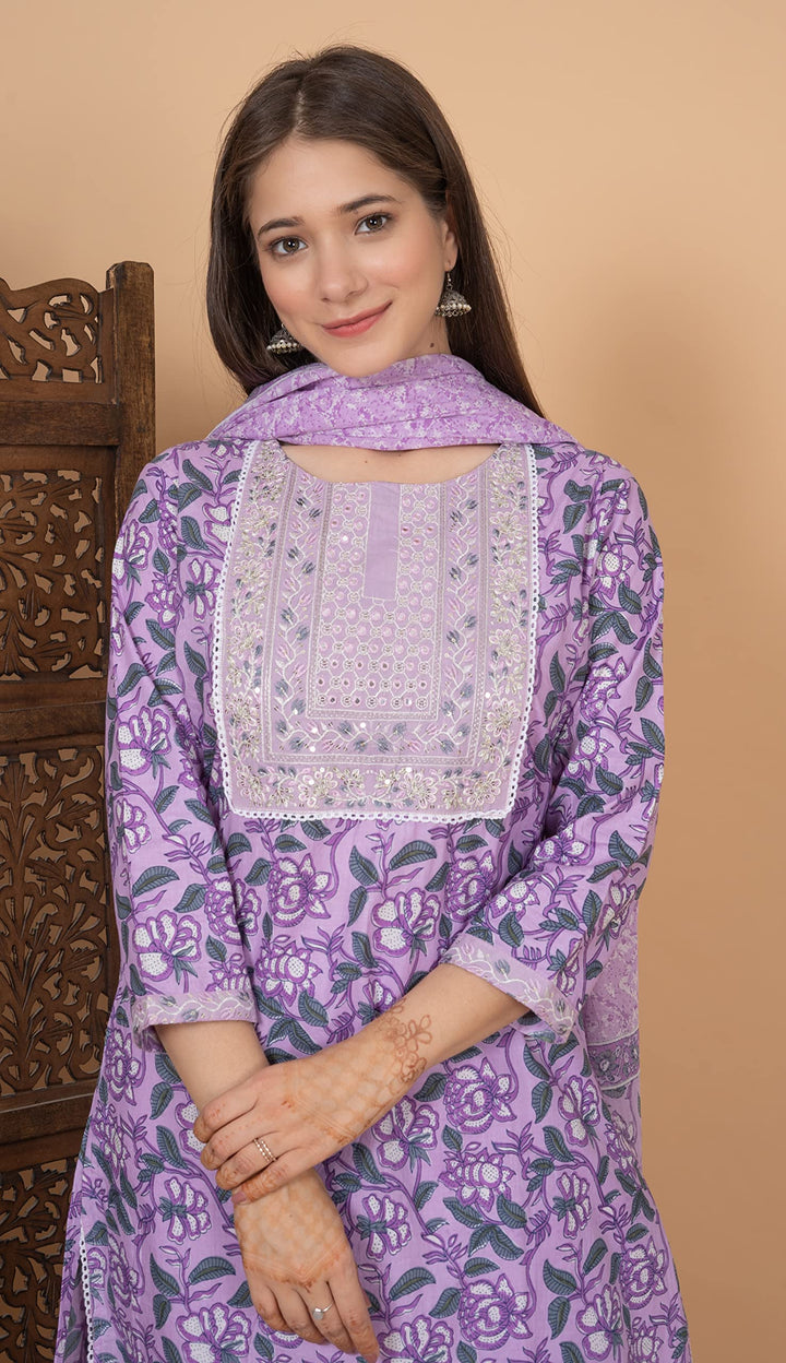 Women's Cotton Printed Printed Straight Embroidery Kurta With Palazzo & Dupatta Set