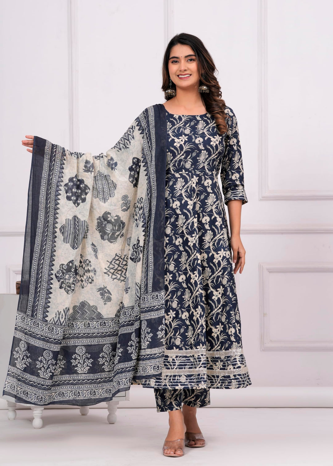 Mamta Cotton Printed Anarkali Kurta With Palazzo & Dupatta Set With Dori