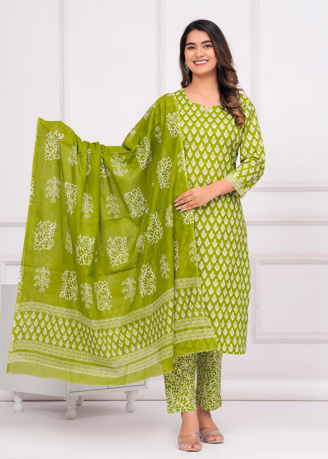 Women's Cotton Printed Straight Kurta With Palazzo & Dupatta Set