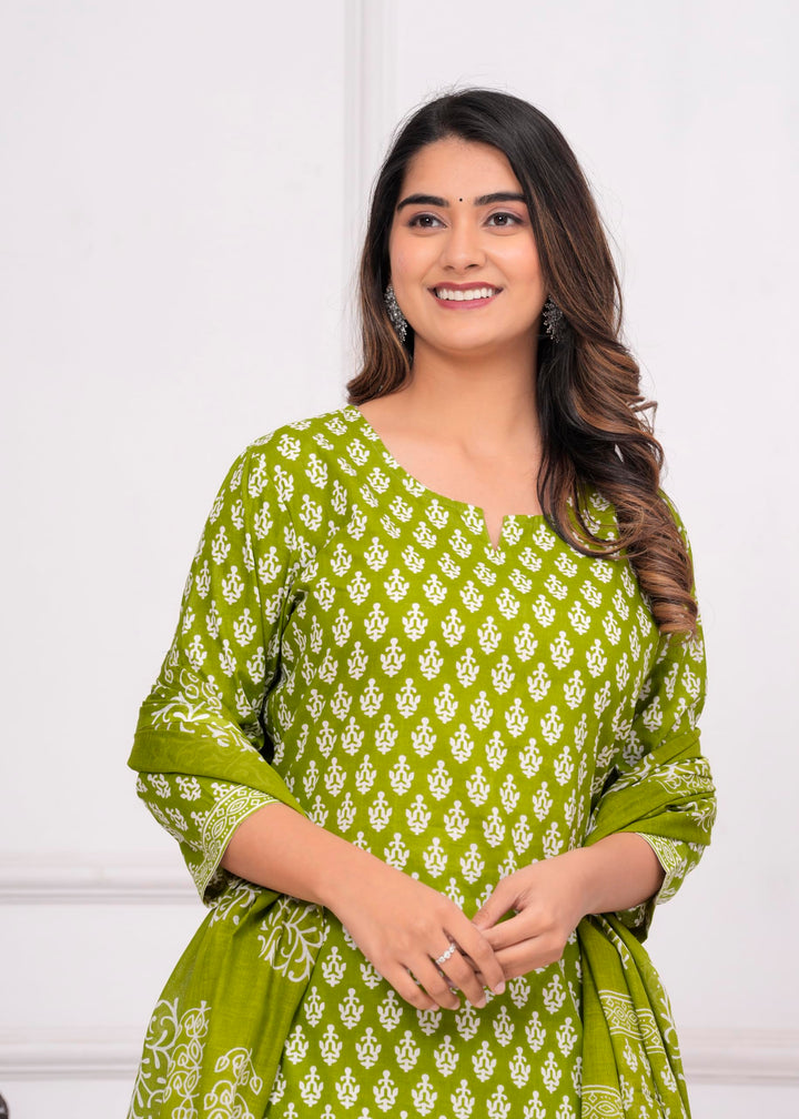 Women's Cotton Printed Straight Kurta With Palazzo & Dupatta Set