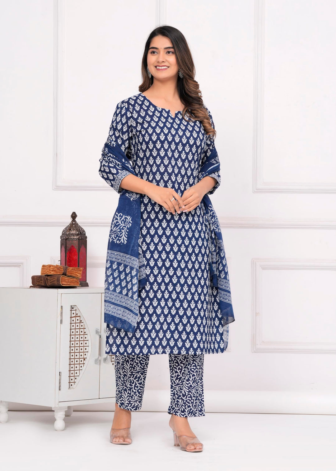 Women's Cotton Printed Straight Kurta With Palazzo & Dupatta Set