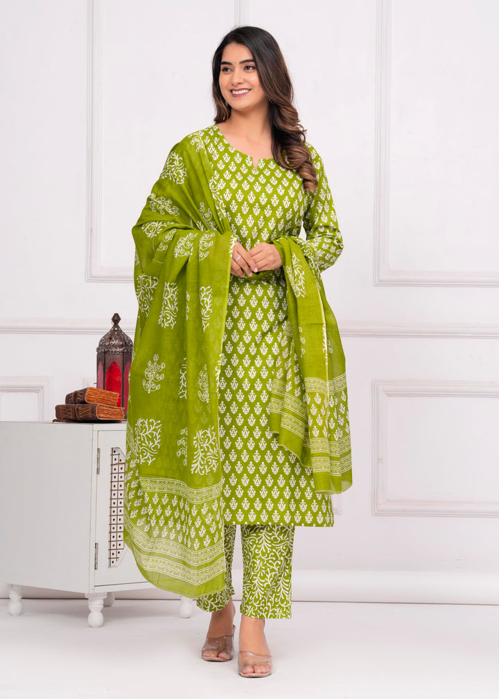 Women's Cotton Printed Straight Kurta With Palazzo & Dupatta Set