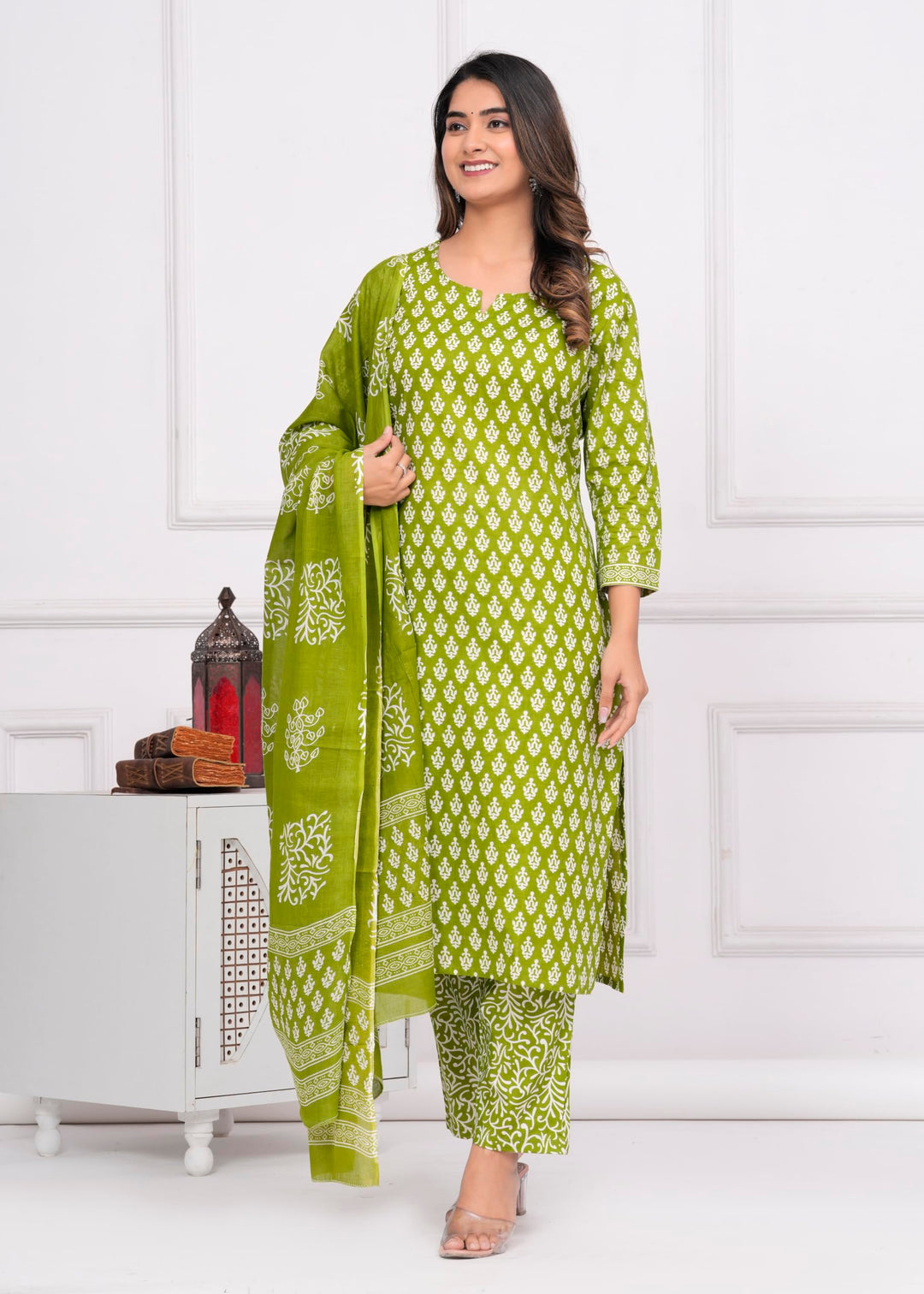 Women's Cotton Printed Straight Kurta With Palazzo & Dupatta Set