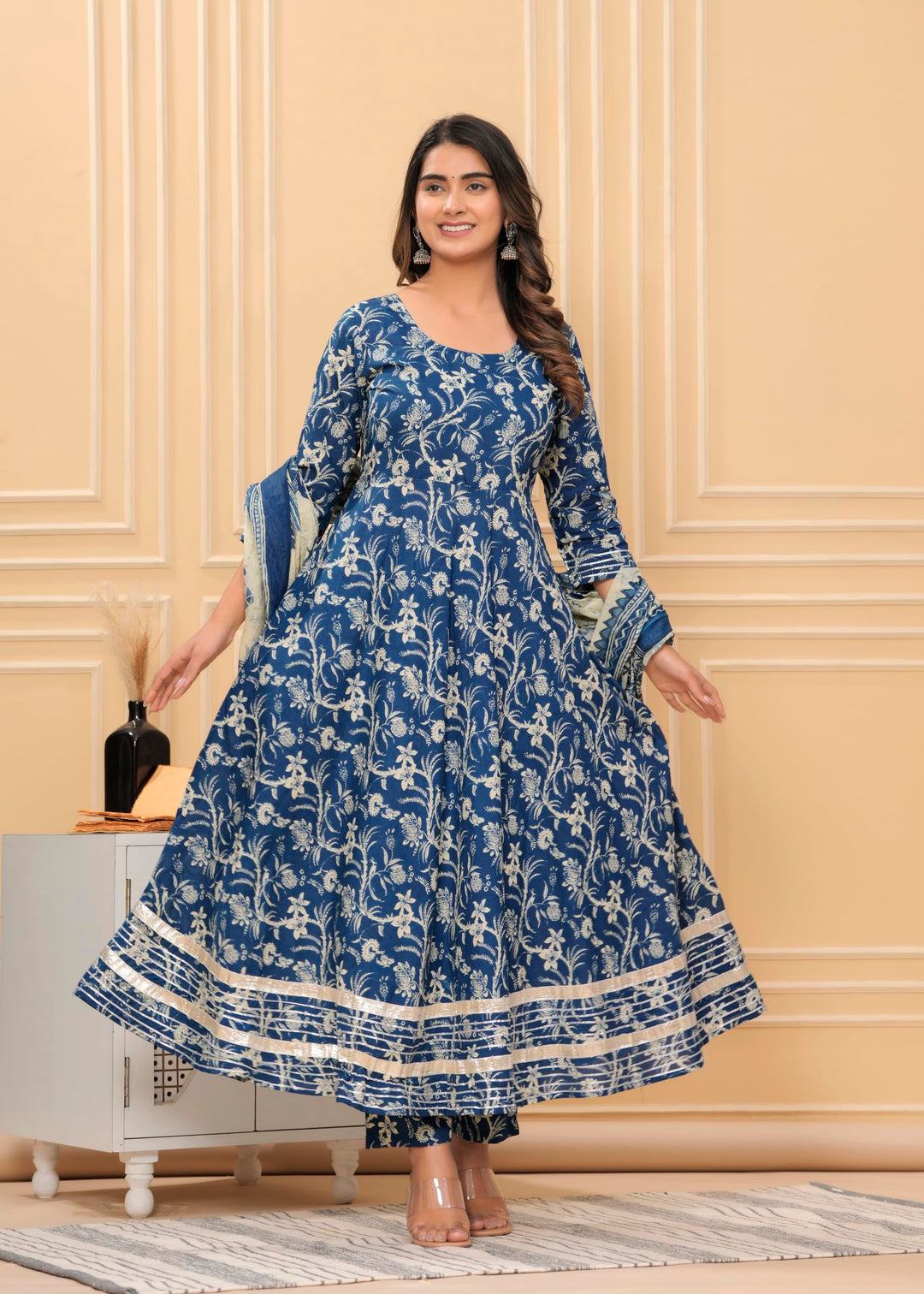 Mamta Cotton Printed Anarkali Kurta With Palazzo & Dupatta Set With Dori