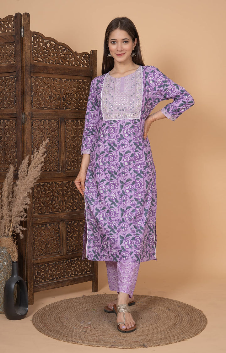 Women's Cotton Printed Printed Straight Embroidery Kurta With Palazzo & Dupatta Set