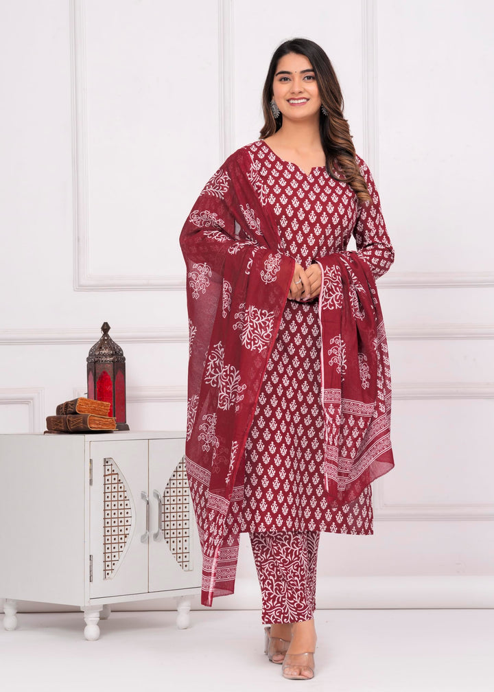 Women's Cotton Printed Straight Kurta With Palazzo & Dupatta Set