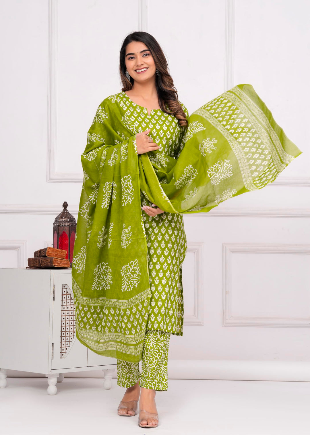 Women's Cotton Printed Straight Kurta With Palazzo & Dupatta Set