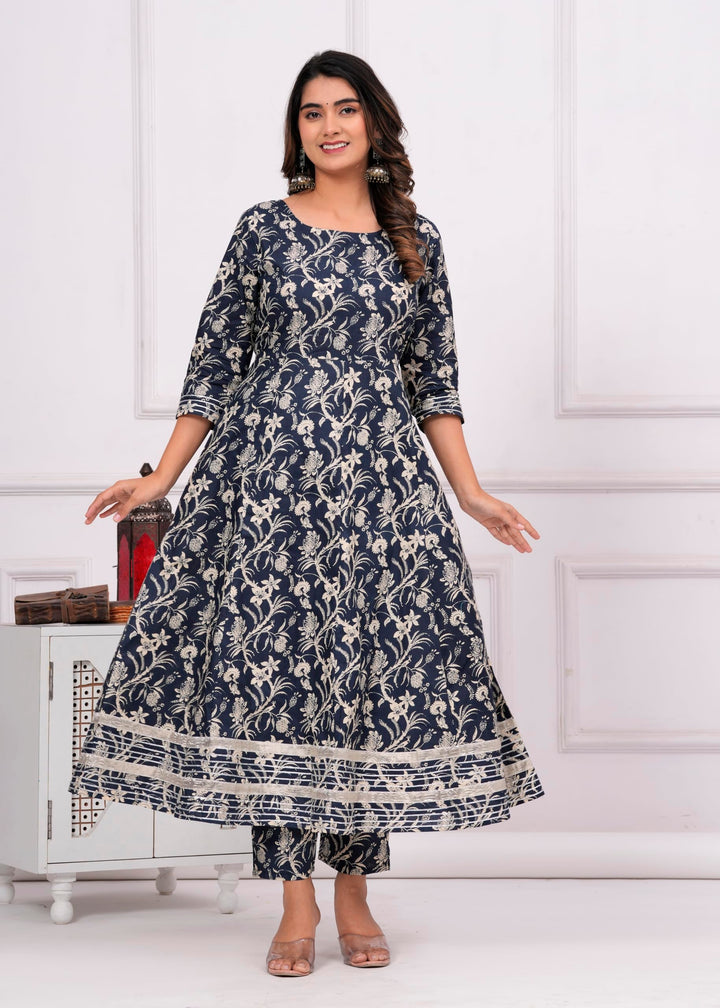 Mamta Cotton Printed Anarkali Kurta With Palazzo & Dupatta Set With Dori