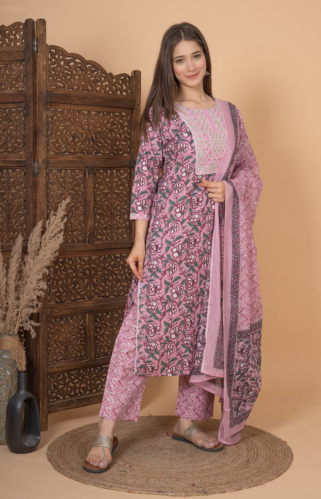 Women's Cotton Printed Printed Straight Embroidery Kurta With Palazzo & Dupatta Set