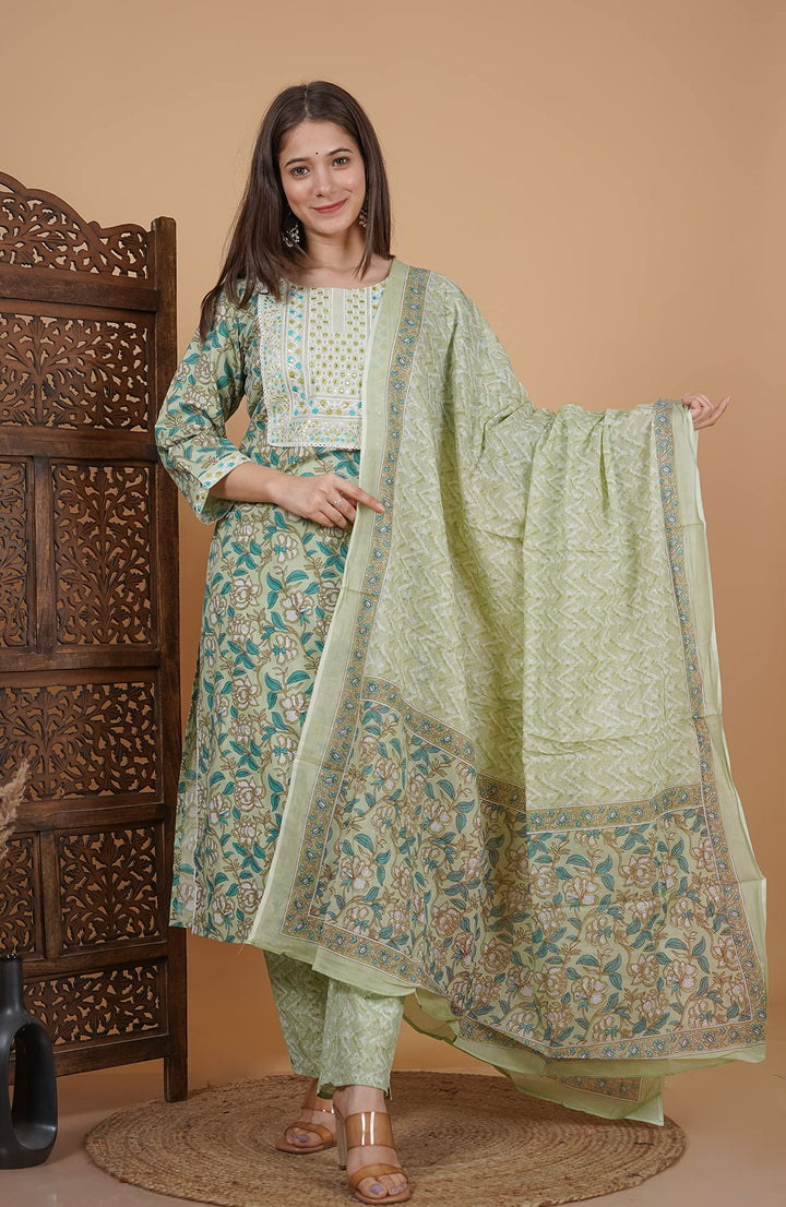 Women's Cotton Printed Printed Straight Embroidery Kurta With Palazzo & Dupatta Set