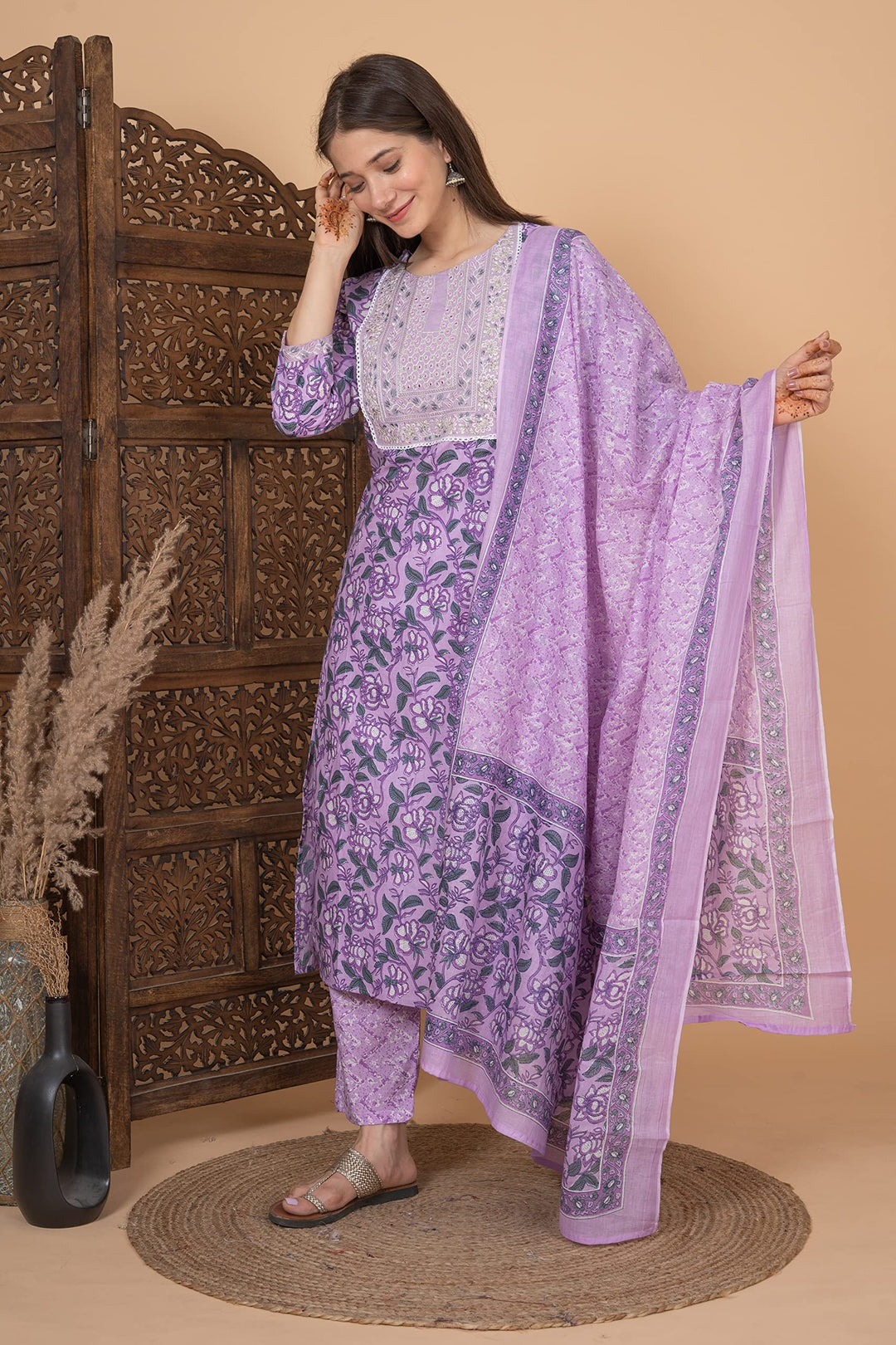 Women's Cotton Printed Printed Straight Embroidery Kurta With Palazzo & Dupatta Set