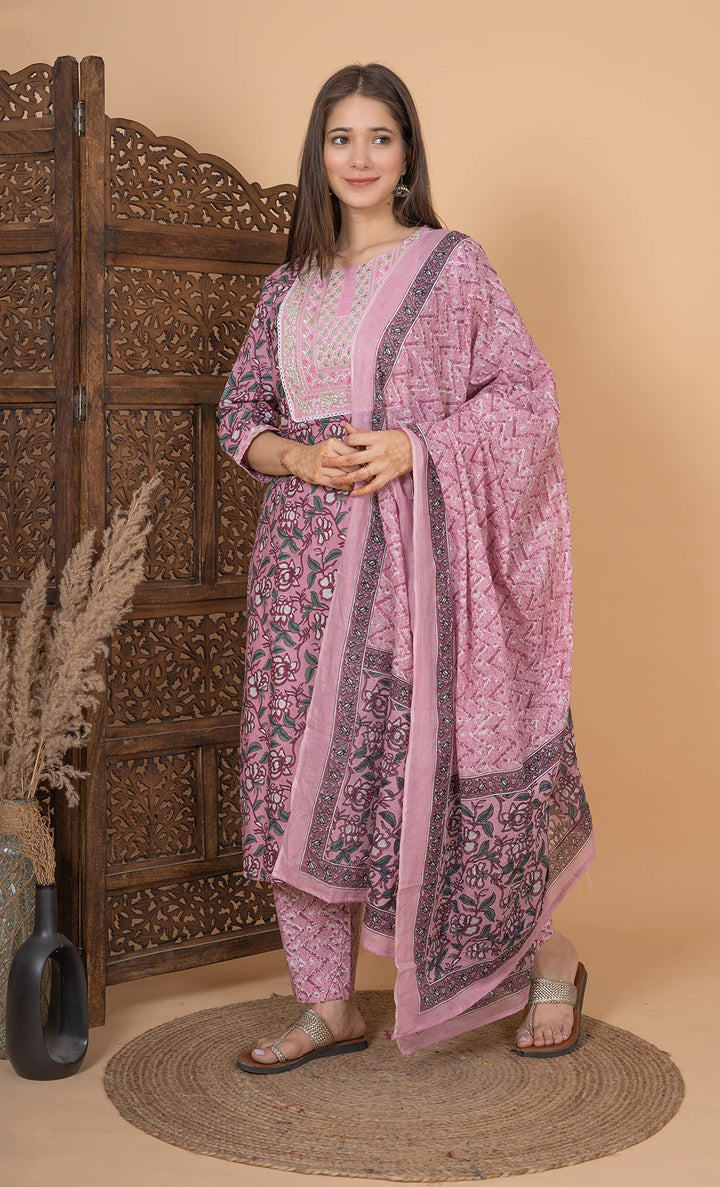 Women's Cotton Printed Printed Straight Embroidery Kurta With Palazzo & Dupatta Set