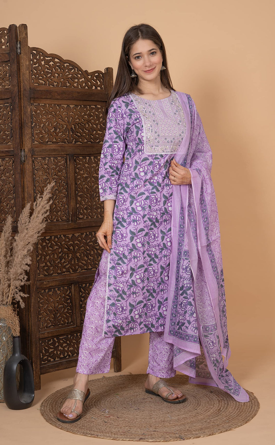 Women's Cotton Printed Printed Straight Embroidery Kurta With Palazzo & Dupatta Set