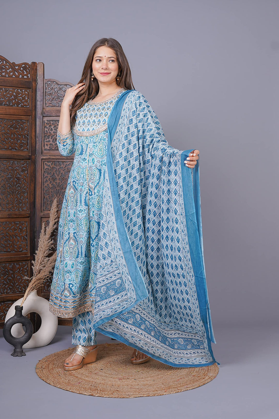 Phoolpatti Cotton Printed Anarkali Set With Work Details