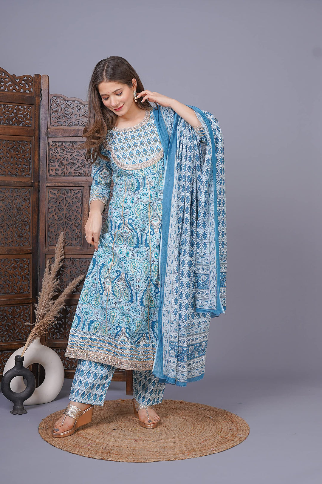 Phoolpatti Cotton Printed Anarkali Set With Work Details