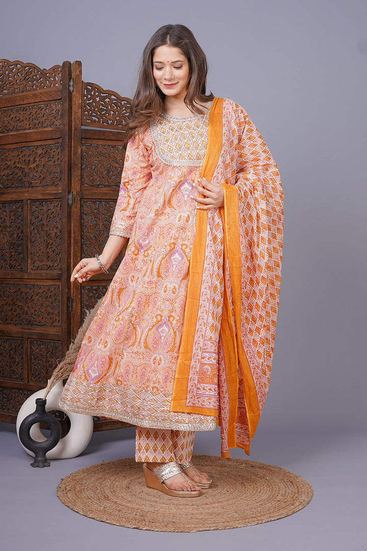 Phoolpatti Cotton Printed Anarkali Set With Work Details