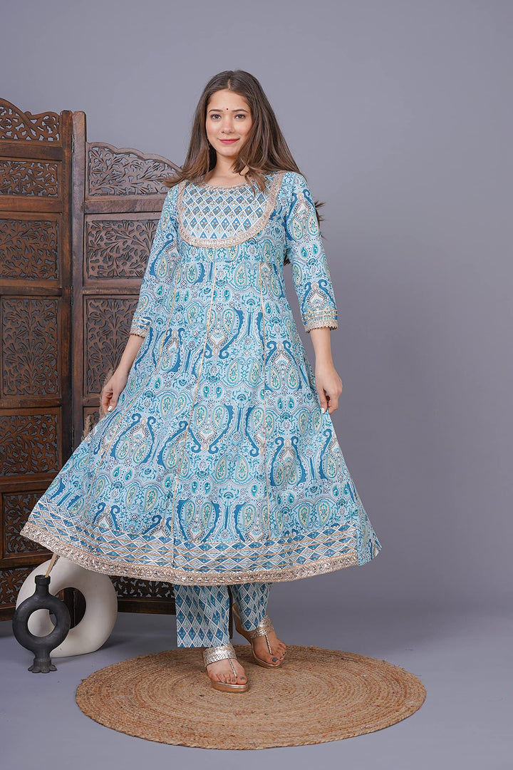 Phoolpatti Cotton Printed Anarkali Set With Work Details